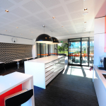 Banquette Black & White matching Zig Zeg Seating for a Corporate Lunch Room;